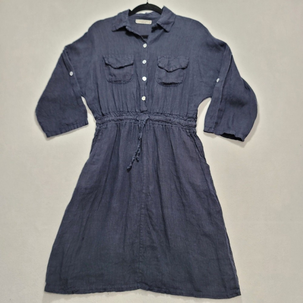 FRANCESCA BETTINI Italy Linen Shirtdress Medium 3/4 Roll Sleeve Dress Navy Blue